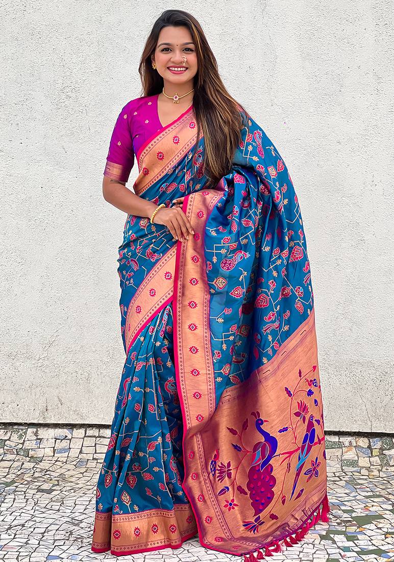 Blue woven self design pure silk paithani saree with blouse