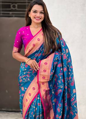 Blue woven self design pure silk paithani saree with blouse 2