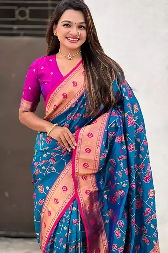 Blue woven self design pure silk paithani saree with blouse