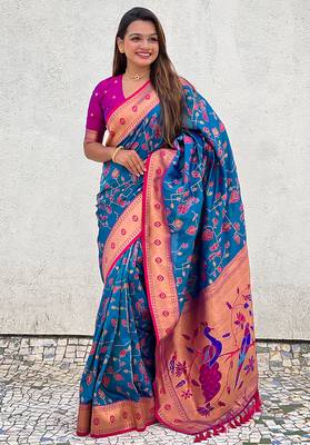 Blue woven self design pure silk paithani saree with blouse 3
