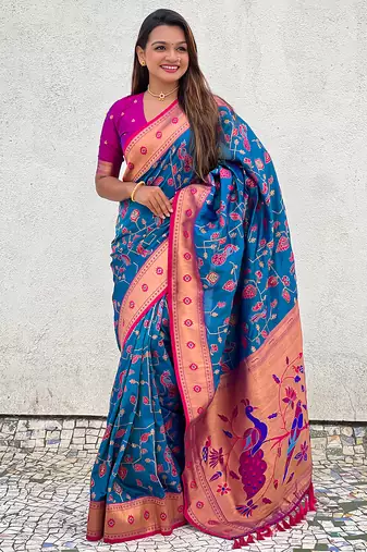 Blue woven self design pure silk paithani saree with blouse