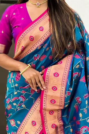 Blue woven self design pure silk paithani saree with blouse