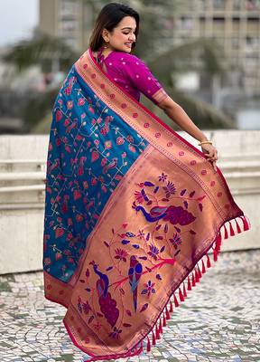 Blue woven self design pure silk paithani saree with blouse 5