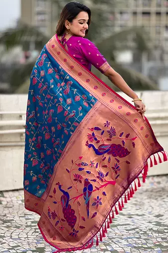Blue woven self design pure silk paithani saree with blouse