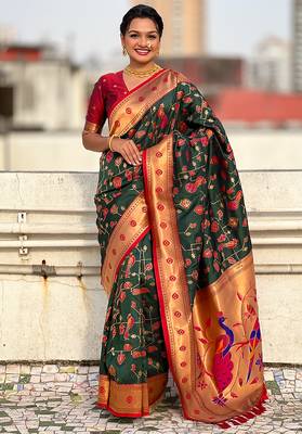 Dark green woven self design pure silk paithani saree with blouse 1