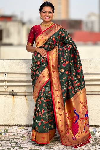Dark green woven self design pure silk paithani saree with blouse