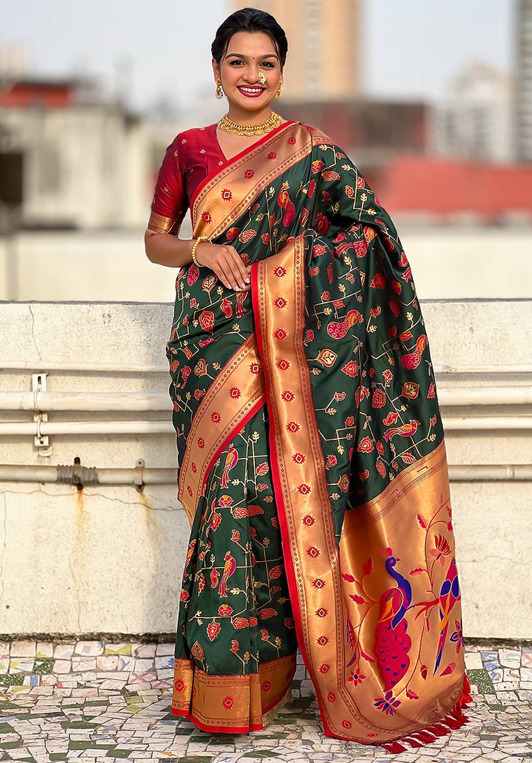 Dark green woven self design pure silk paithani saree with blouse