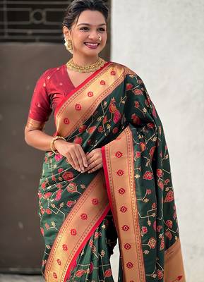 Dark green woven self design pure silk paithani saree with blouse 2