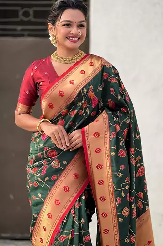 Dark green woven self design pure silk paithani saree with blouse