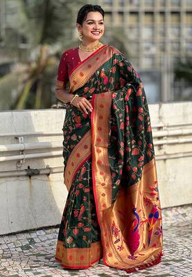 Dark green woven self design pure silk paithani saree with blouse 3