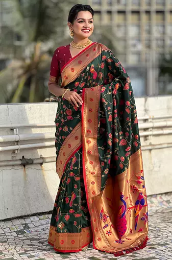Dark green woven self design pure silk paithani saree with blouse