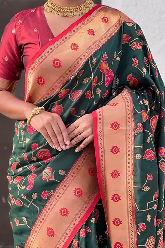 Dark green woven self design pure silk paithani saree with blouse