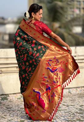 Dark green woven self design pure silk paithani saree with blouse 5