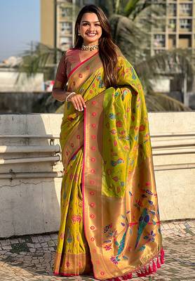 Mehendi woven self design pure silk paithani saree with blouse 1