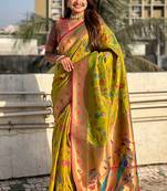 Mehendi woven self design pure silk paithani saree with blouse