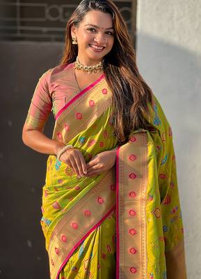 Mehendi woven self design pure silk paithani saree with blouse 2