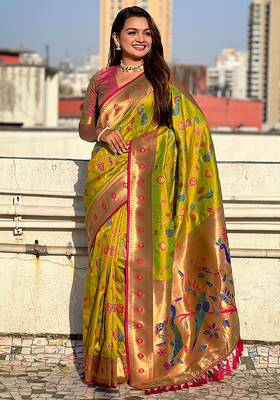 Mehendi woven self design pure silk paithani saree with blouse 3