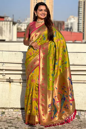 Mehendi woven self design pure silk paithani saree with blouse