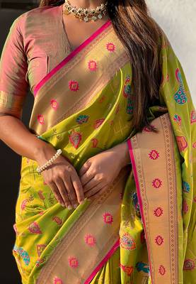 Mehendi woven self design pure silk paithani saree with blouse 4