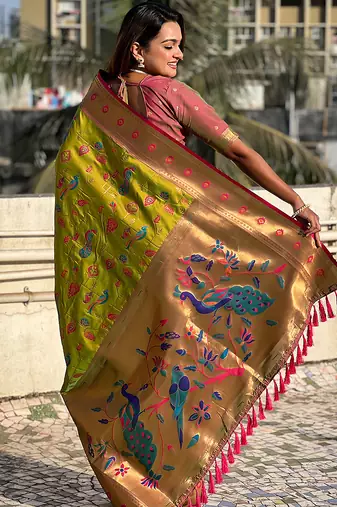 Mehendi woven self design pure silk paithani saree with blouse