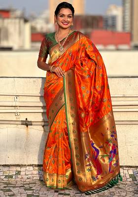 Orange woven self design pure silk paithani saree with blouse 1