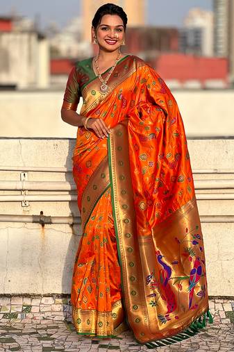 Orange woven self design pure silk paithani saree with blouse