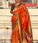 Orange woven self design pure silk paithani saree with blouse