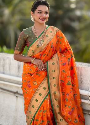 Orange woven self design pure silk paithani saree with blouse 2