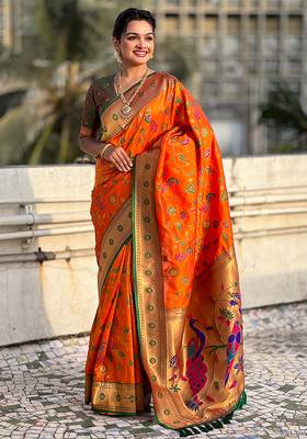 Orange woven self design pure silk paithani saree with blouse 3