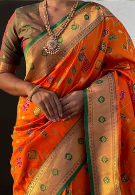 Orange woven self design pure silk paithani saree with blouse 4