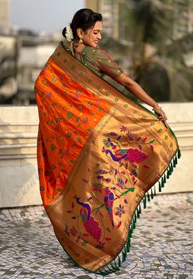 Orange woven self design pure silk paithani saree with blouse 5