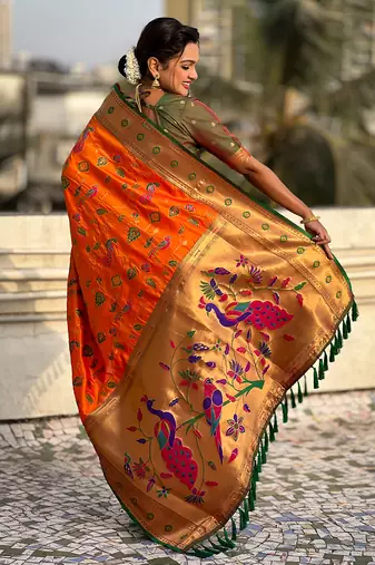 Orange woven self design pure silk paithani saree with blouse