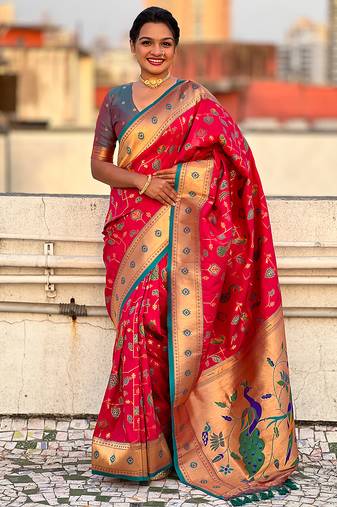 Pink woven self design pure silk paithani saree with blouse
