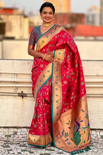 Pink woven self design pure silk paithani saree with blouse