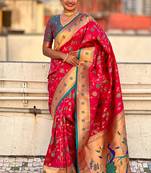 Pink woven self design pure silk paithani saree with blouse