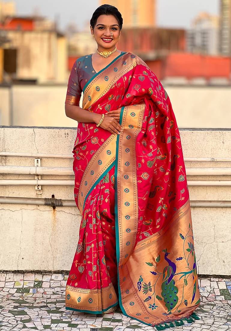 Pink woven self design pure silk paithani saree with blouse