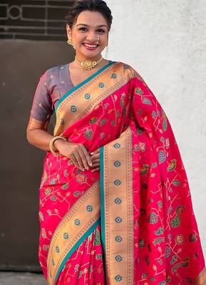 Pink woven self design pure silk paithani saree with blouse 2