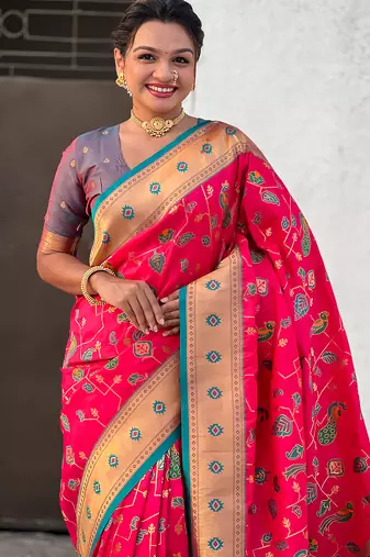 Pink woven self design pure silk paithani saree with blouse