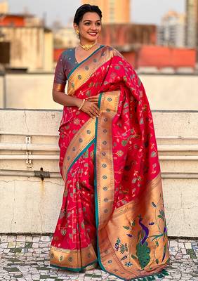 Pink woven self design pure silk paithani saree with blouse 3