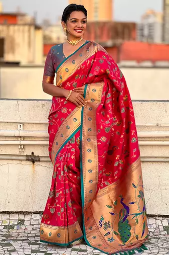 Pink woven self design pure silk paithani saree with blouse