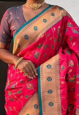 Pink woven self design pure silk paithani saree with blouse 4