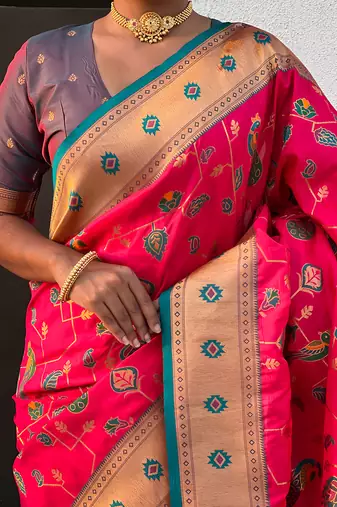Pink woven self design pure silk paithani saree with blouse