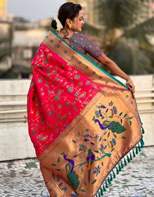 Pink woven self design pure silk paithani saree with blouse 5