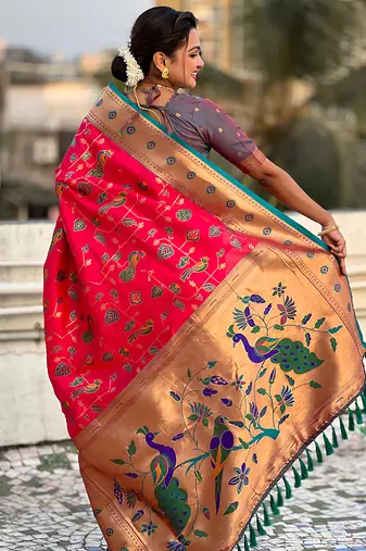 Pink woven self design pure silk paithani saree with blouse