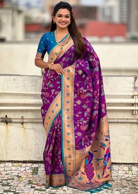 Purple woven self design pure silk paithani saree with blouse 1