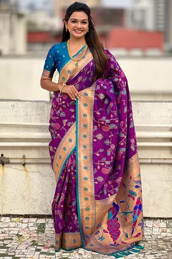 Purple woven self design pure silk paithani saree with blouse