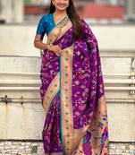 Purple woven self design pure silk paithani saree with blouse