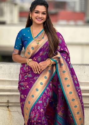 Purple woven self design pure silk paithani saree with blouse 2