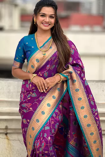 Purple woven self design pure silk paithani saree with blouse