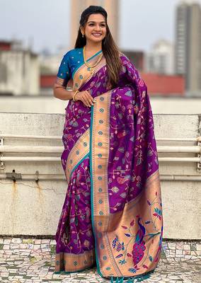 Purple woven self design pure silk paithani saree with blouse 3
